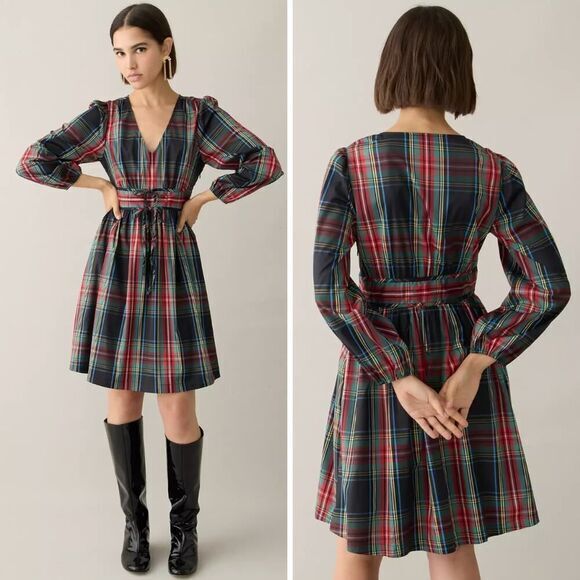 New *flawed* J Crew  V-Neck‎ Taffeta Mini Dress in Stewart Plaid, size 12 - Picture 1 of 16